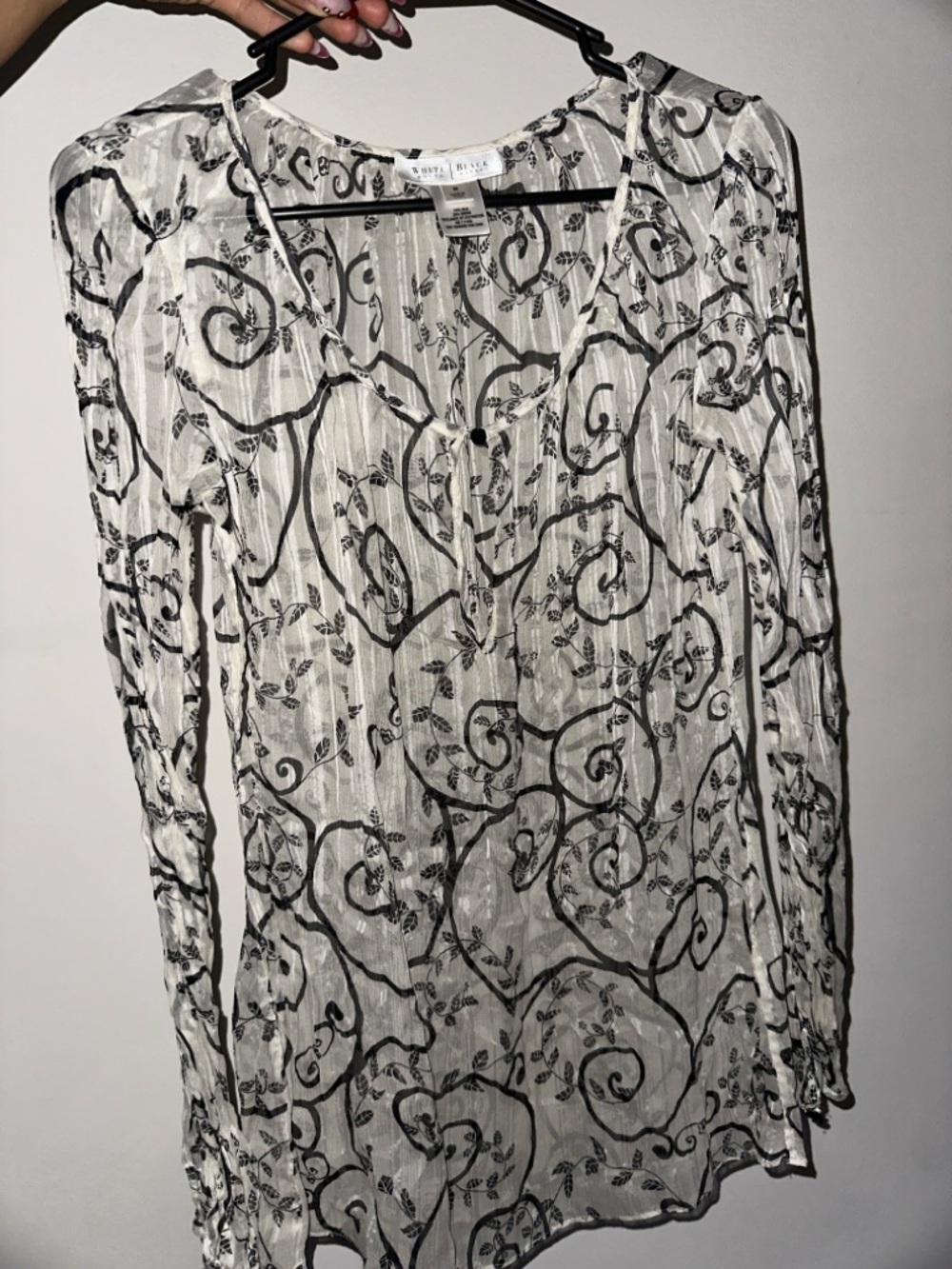 White House Black Market White and Black Sheer Scroll Print Blouse